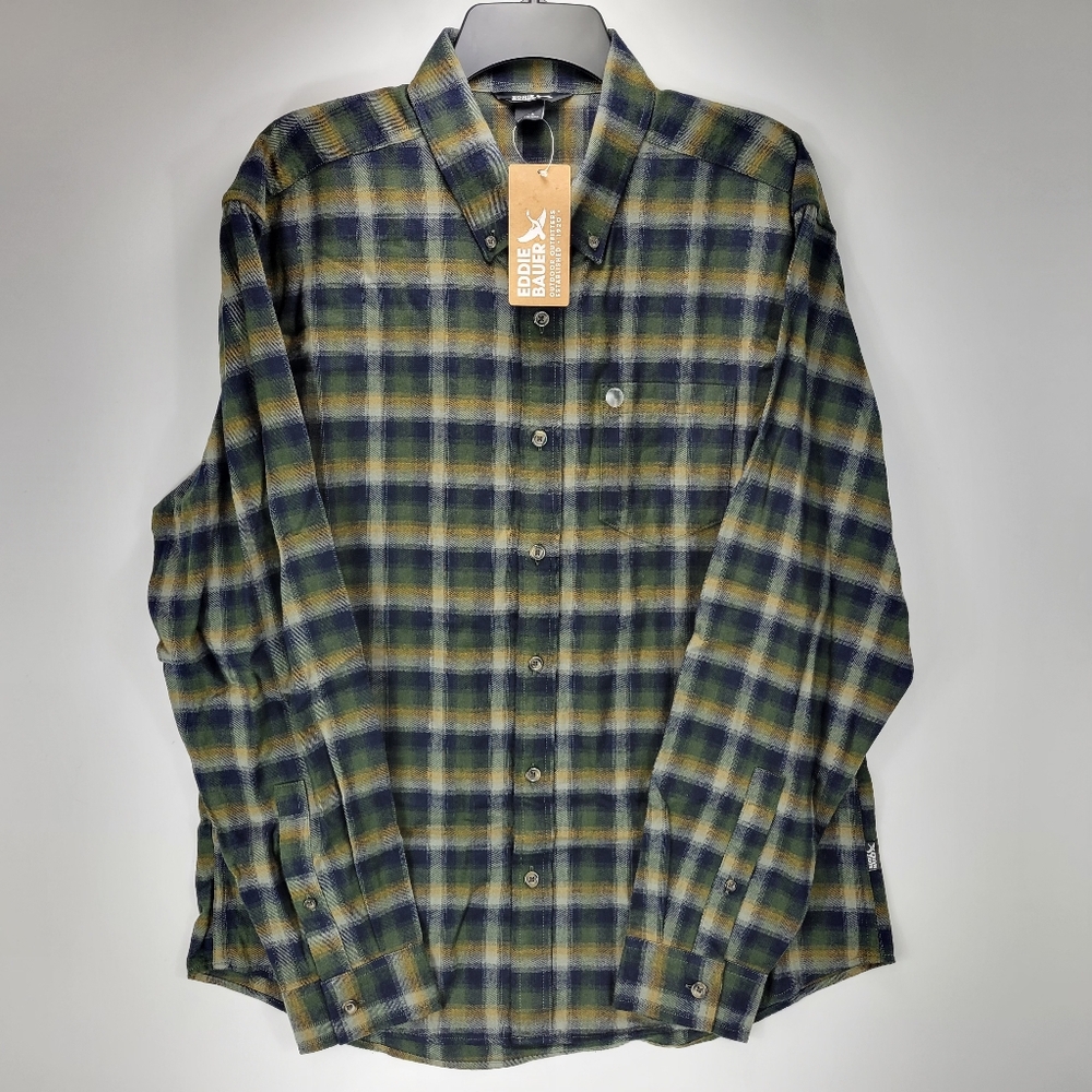 Eddie Bauer Field Flannel Long Sleeve Button Front Shirt Mens Size Large L Green